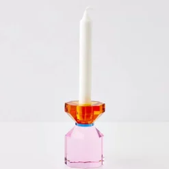 Bevel Crystal Taper Candle Holder Amber Pink