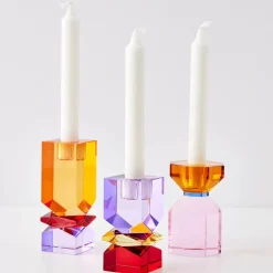 Bevel Crystal Taper Candle Holder Amber Pink