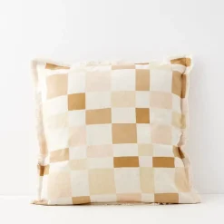 Checkered Fringed Cushion With Insert Beige