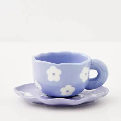 Daisy Ceramic Tea Cup And Saucer Lilac