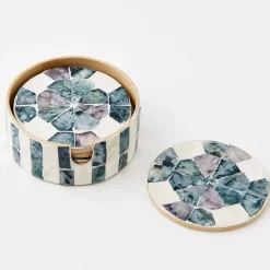 Inlay Coaster Set Of 6 Teal/Ivory