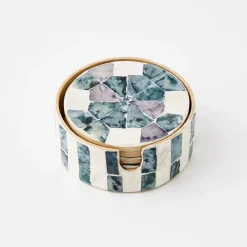 Inlay Coaster Set Of 6 Teal/Ivory