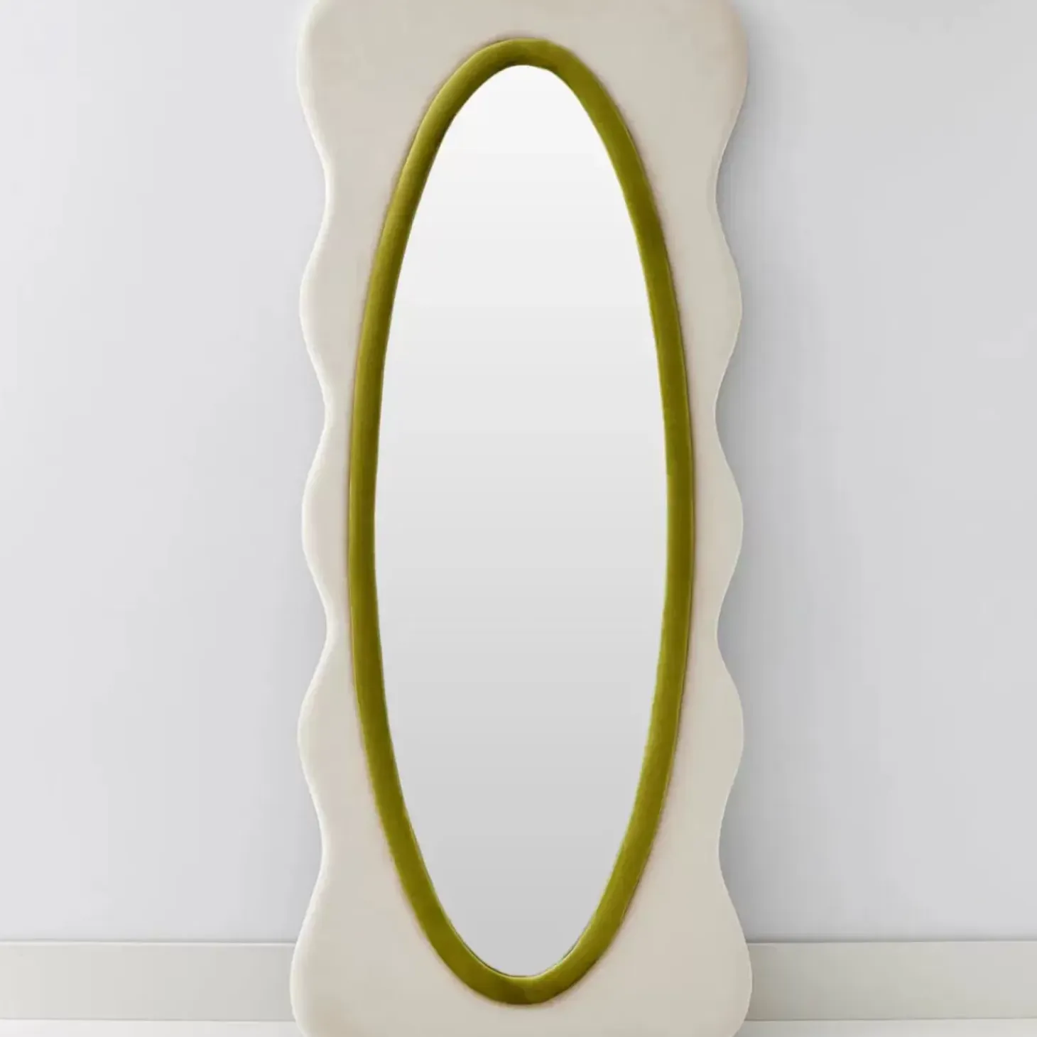 Squiggle Wavy Velvet Full Length Mirror Cream/Green